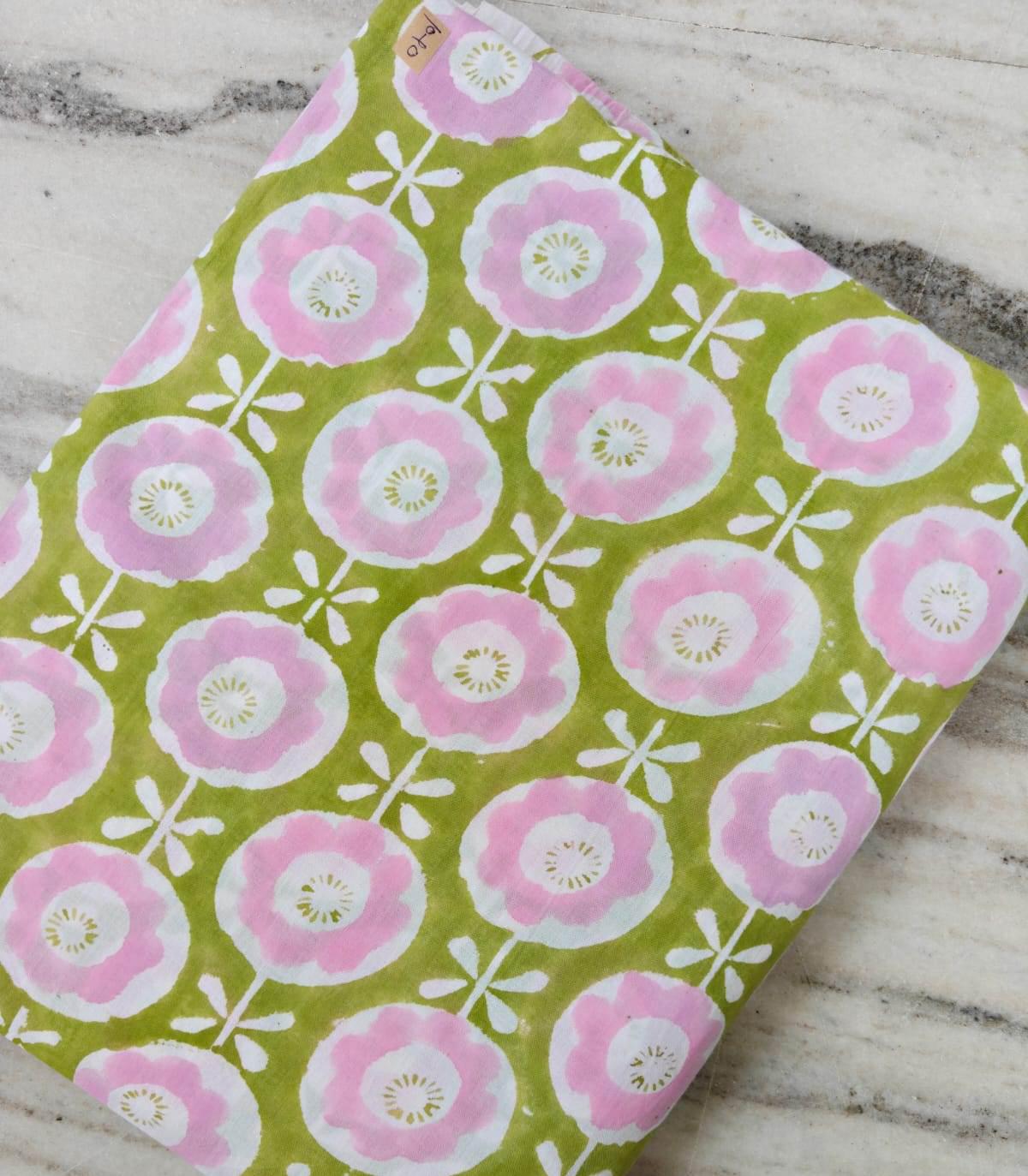 Pink Green Color Indian Hand Block Print Fabric, Floral 100% Cotton Quilting Fabric By The Yard, Dressmaking Fabric, Napkins Loose Fabric