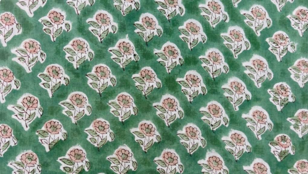 Green Hand Block Print Cotton Fabric by the Yard, Floral Indian Cotton Fabric, Botanical Print Fabric, Quilting Sewing Dressmaking Fabric