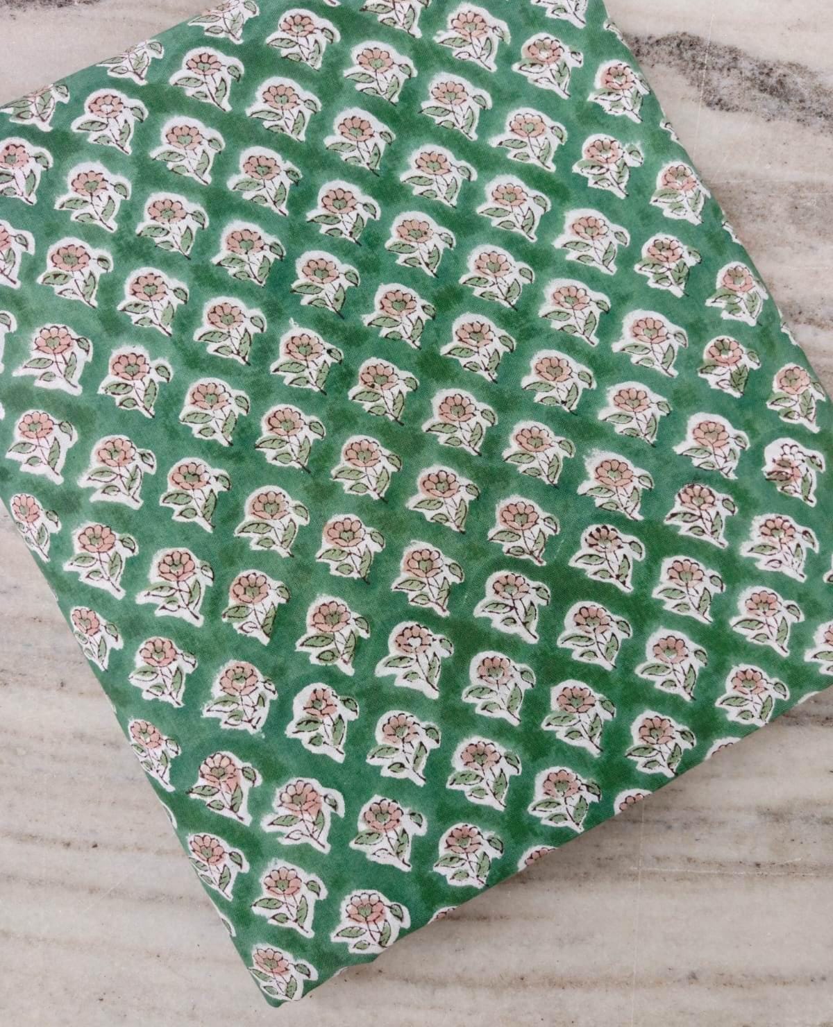 Green Hand Block Print Cotton Fabric by the Yard, Floral Indian Cotton Fabric, Botanical Print Fabric, Quilting Sewing Dressmaking Fabric