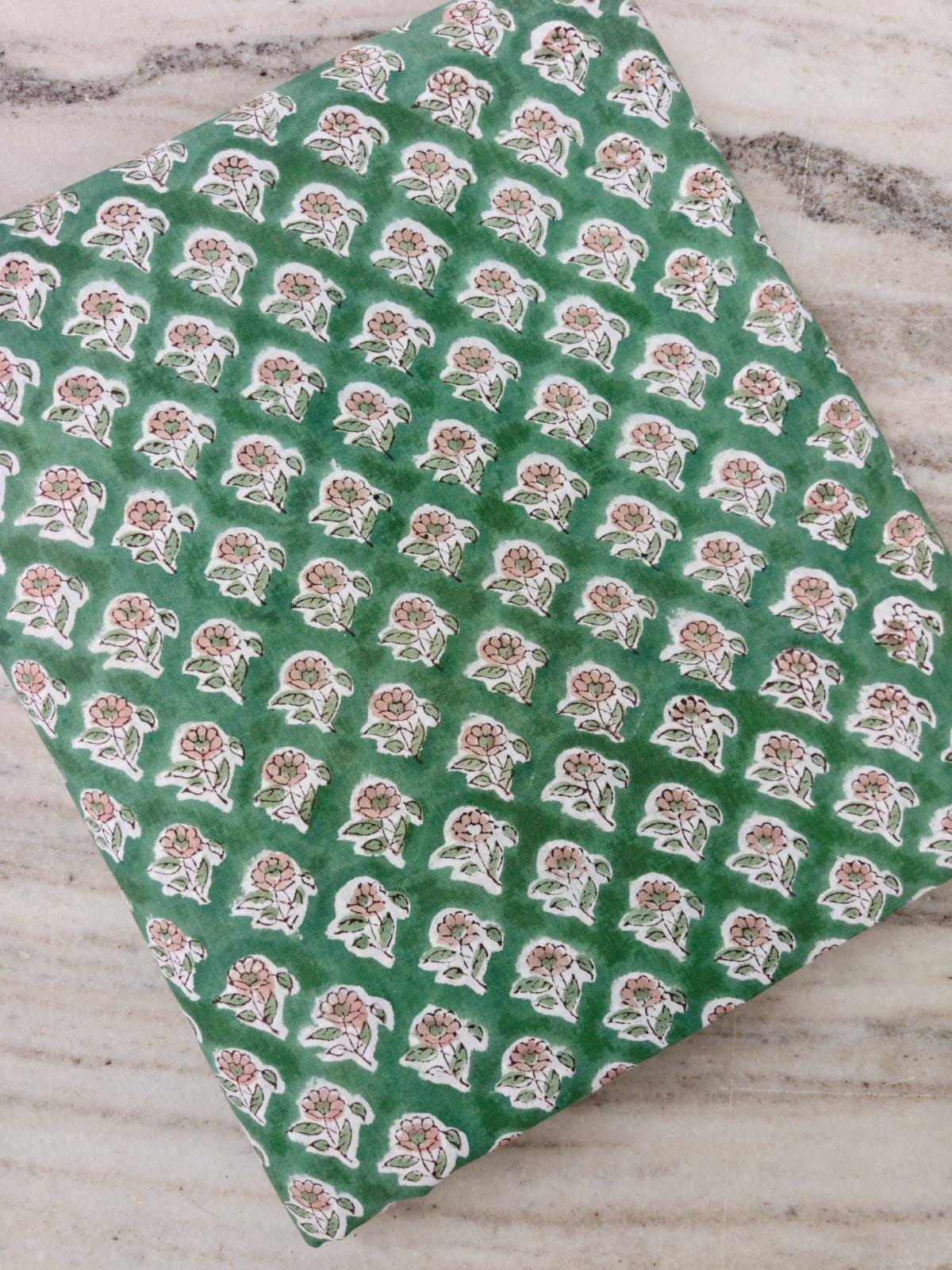 Green Hand Block Print Cotton Fabric by the Yard, Floral Indian Cotton Fabric, Botanical Print Fabric, Quilting Sewing Dressmaking Fabric