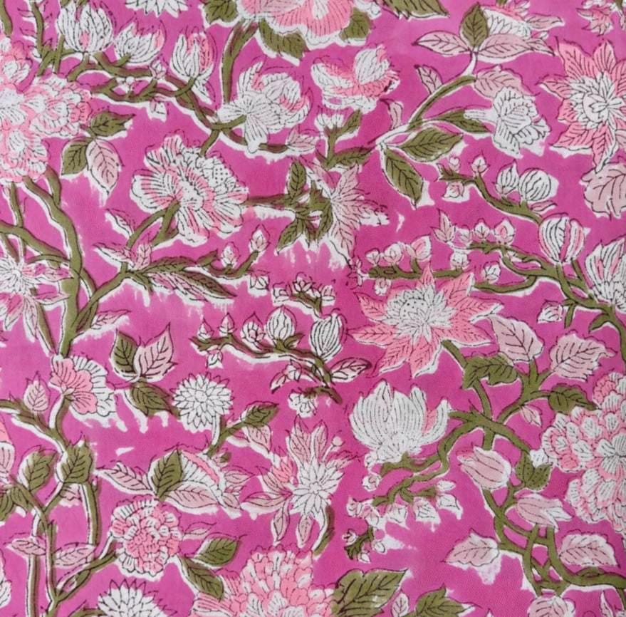 Hot Pink Floral Vine Cotton Fabric by the Yard, Indian Hand Block Print Fabric, White Blossom Botanical Fabric, Olive Green Leaves Fabric