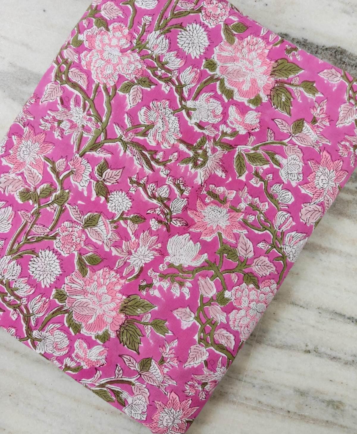 Hot Pink Floral Vine Cotton Fabric by the Yard, Indian Hand Block Print Fabric, White Blossom Botanical Fabric, Olive Green Leaves Fabric