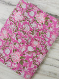 Hot Pink Floral Vine Cotton Fabric by the Yard, Indian Hand Block Print Fabric, White Blossom Botanical Fabric, Olive Green Leaves Fabric