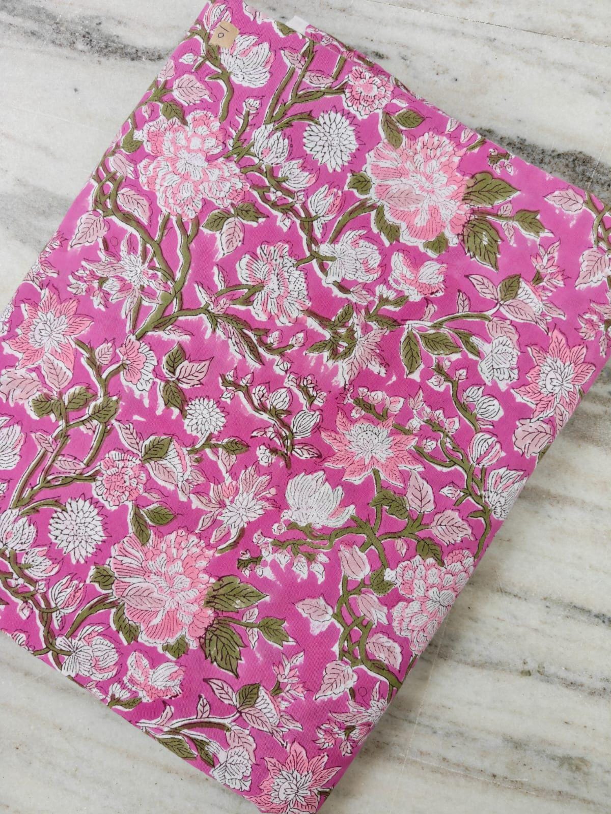 Hot Pink Floral Vine Cotton Fabric by the Yard, Indian Hand Block Print Fabric, White Blossom Botanical Fabric, Olive Green Leaves Fabric