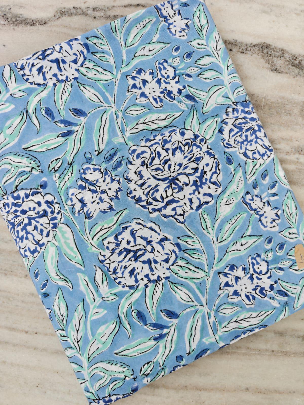 Blue Indian Hand Block Print Floral Cotton Fabric by the Yard, Light Blue Botanical Print Fabric, Quilting Sewing Dressmaking Fabric, Napkin