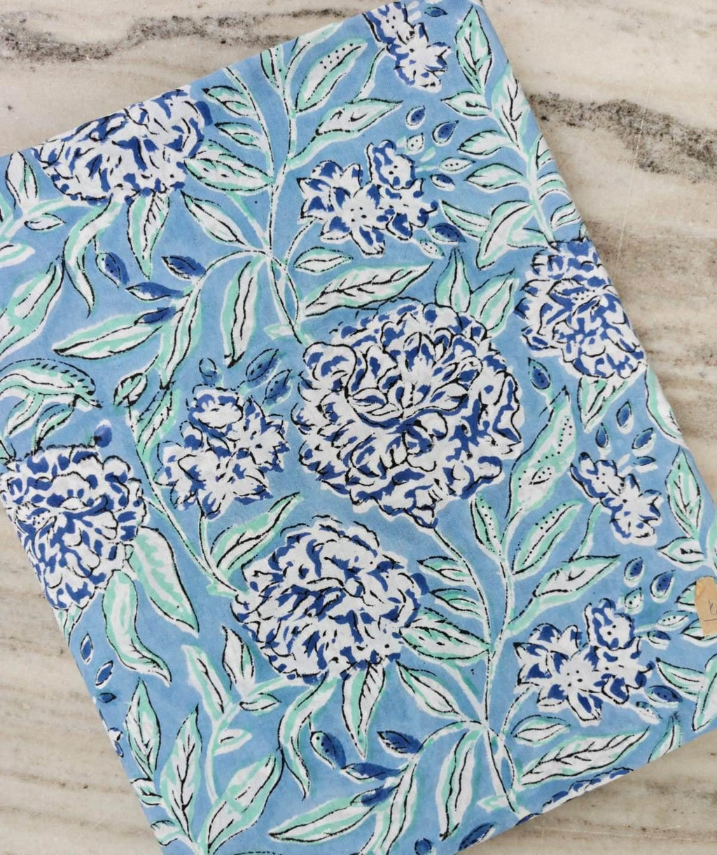 Blue Indian Hand Block Print Floral Cotton Fabric by the Yard, Light Blue Botanical Print Fabric, Quilting Sewing Dressmaking Fabric, Napkin