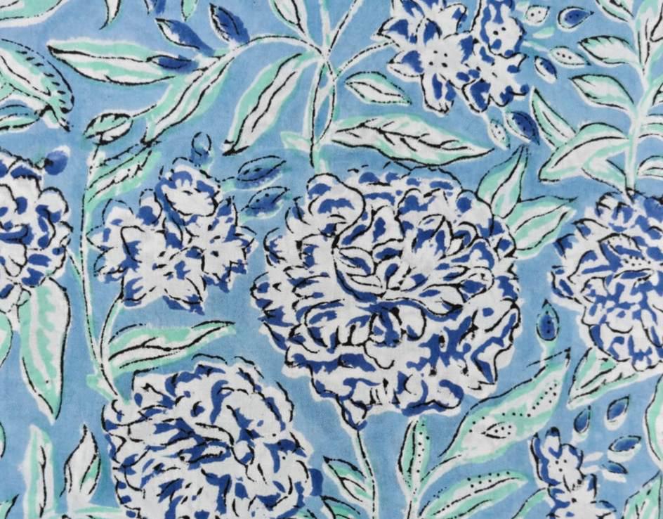 Blue Indian Hand Block Print Floral Cotton Fabric by the Yard, Light Blue Botanical Print Fabric, Quilting Sewing Dressmaking Fabric, Napkin