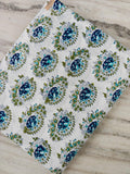 White Blue Green Floral Buta Print Cotton Fabric by the Yard, Indian Hand Block Print Cotton Fabric, Paisley Design Fabric for Dressmaking