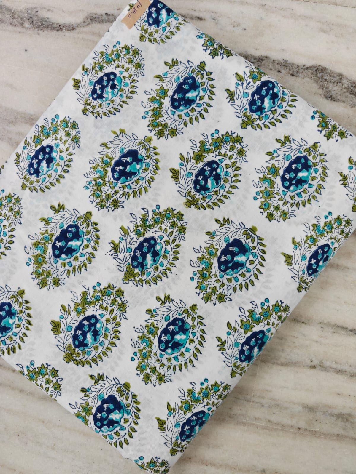 White Blue Green Floral Buta Print Cotton Fabric by the Yard, Indian Hand Block Print Cotton Fabric, Paisley Design Fabric for Dressmaking