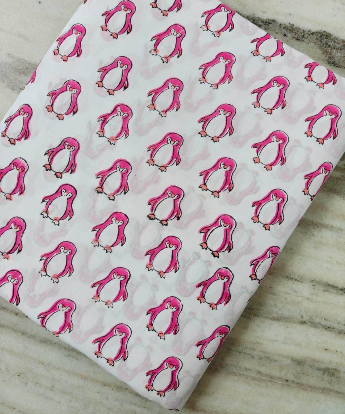 Pink Penguin Cotton Fabric by the Yard | Cute Penguin Print on White Cotton | Animal Pattern Fabric | Quilting Sewing Craft Apparel Fabric