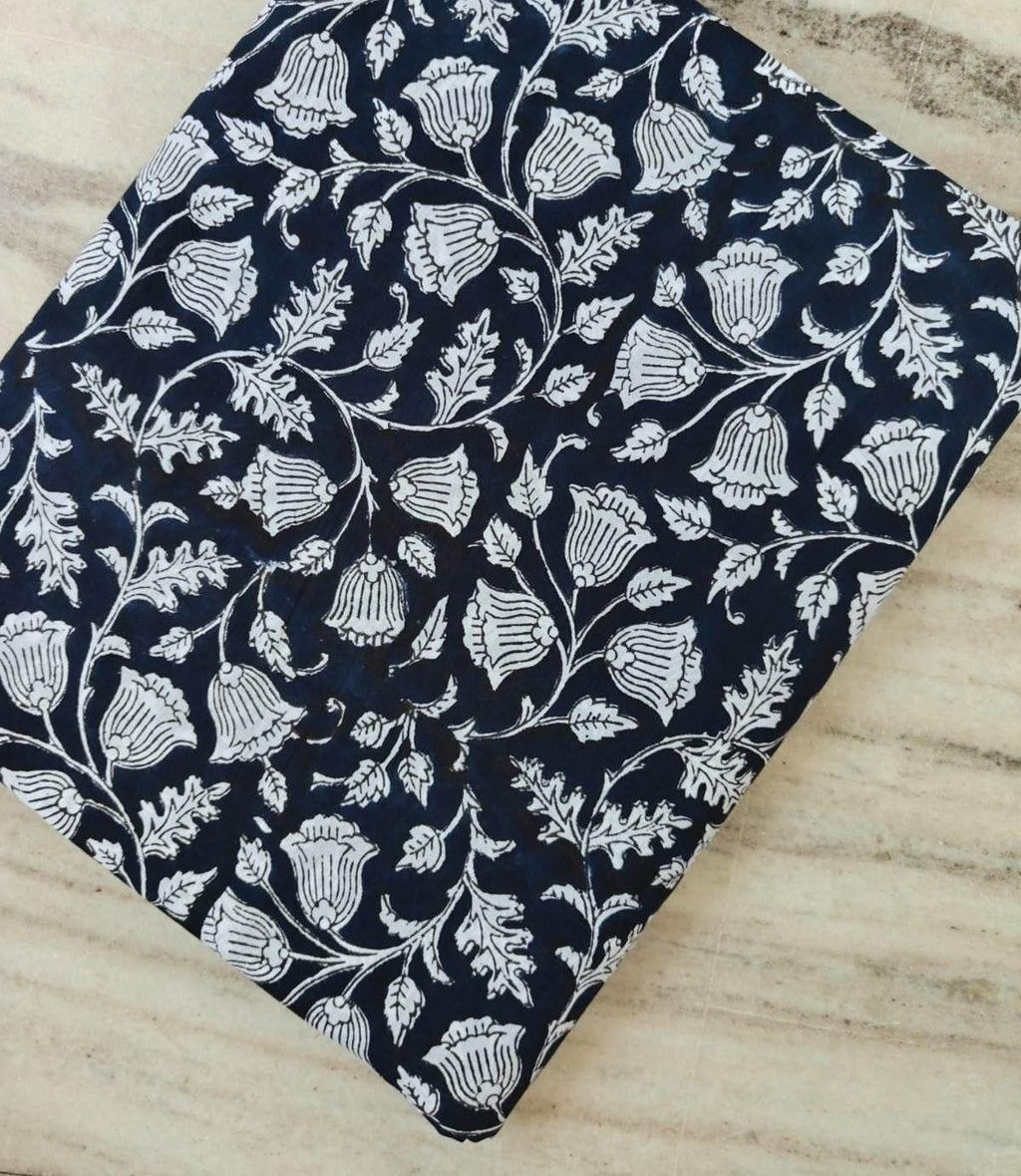 Navy Blue Floral Hand Block Print Cotton Fabric, White Bell Flower Vine Fabric by the Yard, Indian Cotton for Quilting Sewing Decor, Napkins