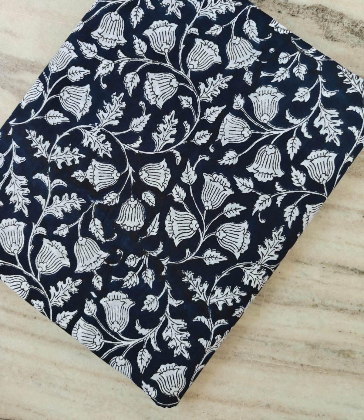 Navy Blue Floral Hand Block Print Cotton Fabric, White Bell Flower Vine Fabric by the Yard, Indian Cotton for Quilting Sewing Decor, Napkins