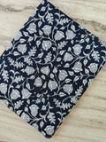 Navy Blue Floral Hand Block Print Cotton Fabric, White Bell Flower Vine Fabric by the Yard, Indian Cotton for Quilting Sewing Decor, Napkins