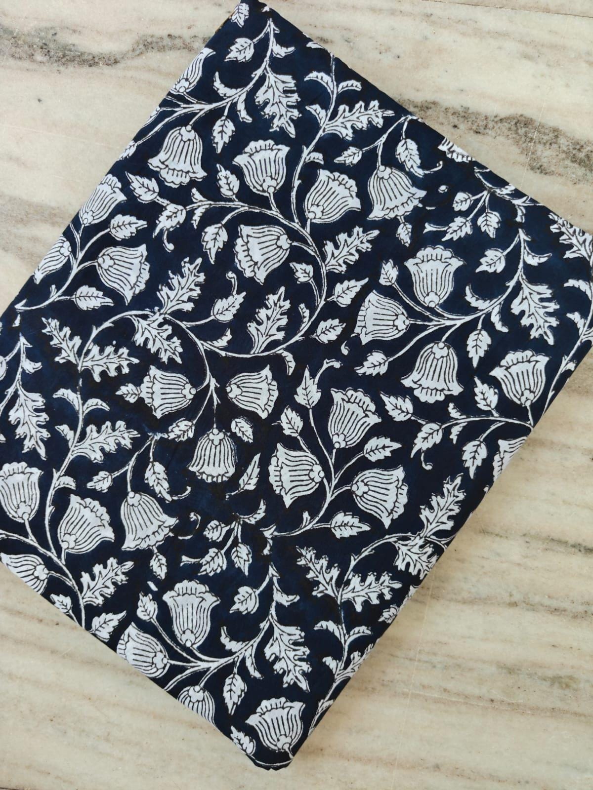 Navy Blue Floral Hand Block Print Cotton Fabric, White Bell Flower Vine Fabric by the Yard, Indian Cotton for Quilting Sewing Decor, Napkins