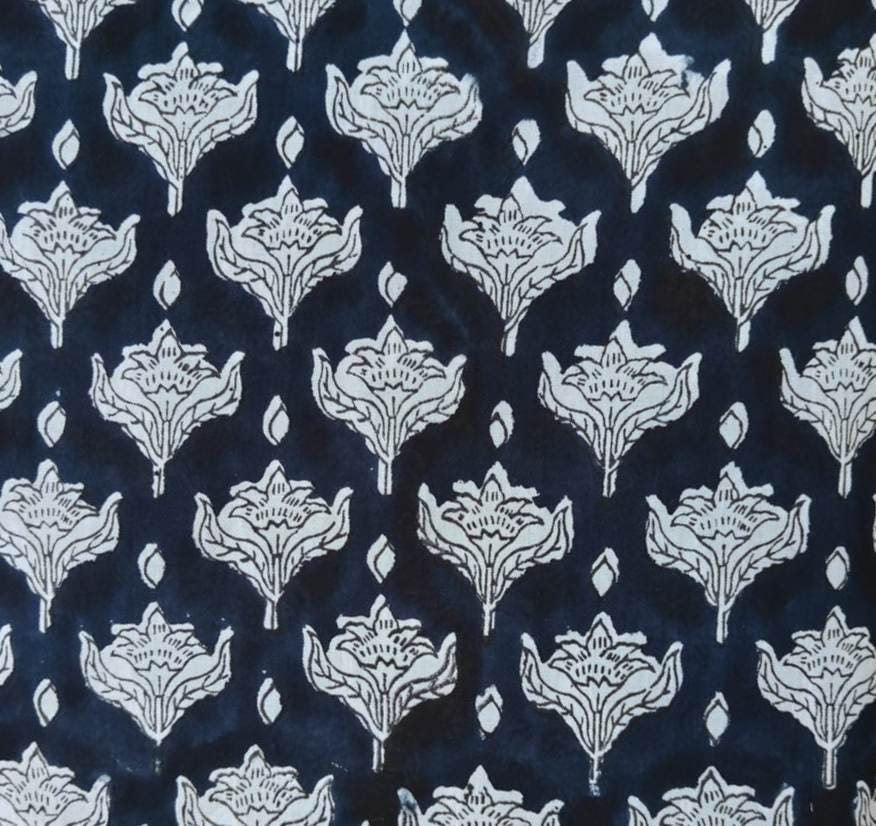 Navy Blue Color Indian Hand Block Print Fabric, Floral 100% Cotton Quilting Fabric By The Yard, Dressmaking Fabric White Tulip Flower Fabric