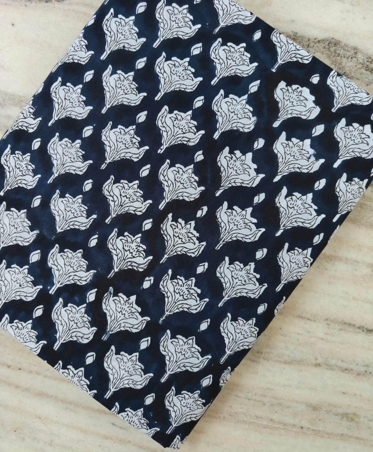 Navy Blue Color Indian Hand Block Print Fabric, Floral 100% Cotton Quilting Fabric By The Yard, Dressmaking Fabric White Tulip Flower Fabric