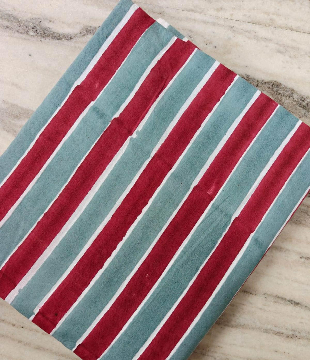 Red & Sage Green Striped Cotton Fabric by the Yard, Hand Block Print Cotton Fabric, Quilting Fabric, Sewing, Home Decor Running Fabric