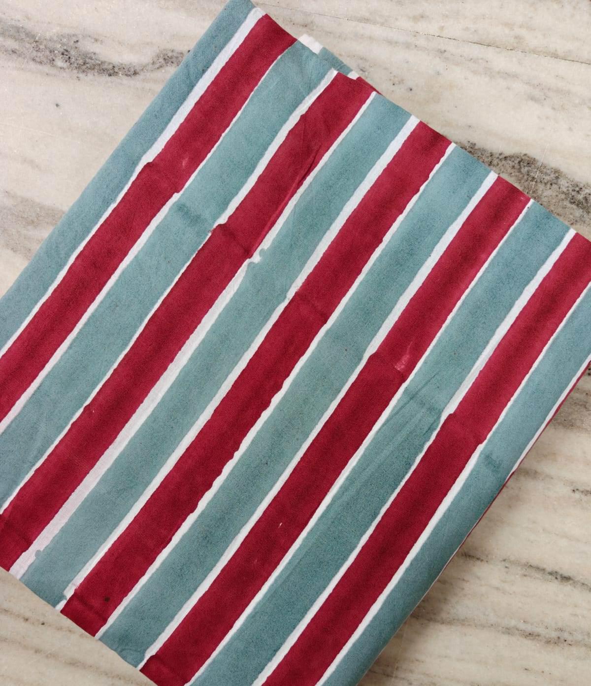 Red & Sage Green Striped Cotton Fabric by the Yard, Hand Block Print Cotton Fabric, Quilting Fabric, Sewing, Home Decor Running Fabric