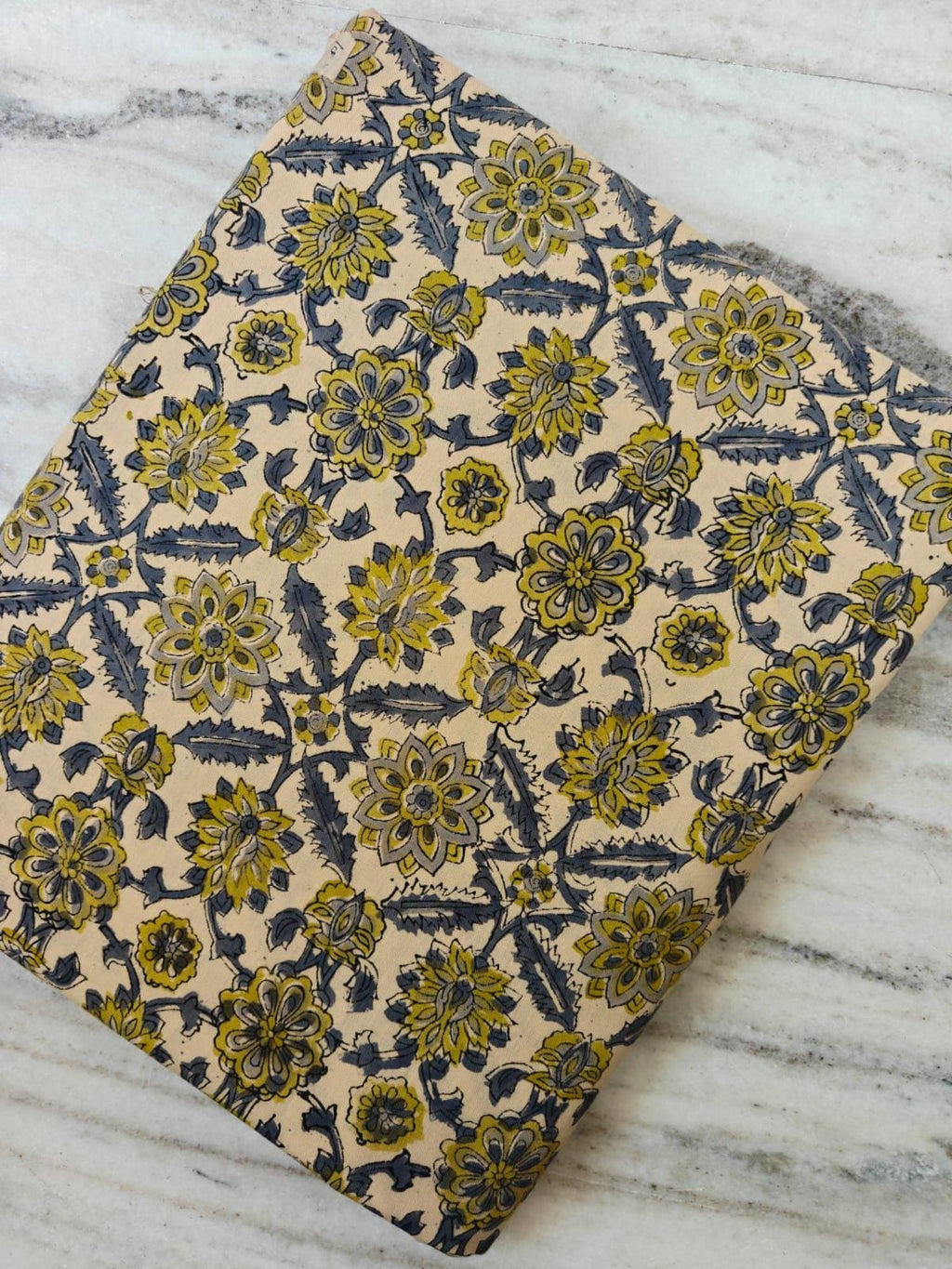 Mustard Yellow & Gray Floral Cotton Fabric, Hand Block Print Fabric by the Yard, Indian Botanical Fabric for Quilting, Sewing, Dressmaking