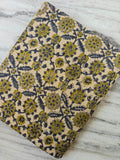 Mustard Yellow & Gray Floral Cotton Fabric, Hand Block Print Fabric by the Yard, Indian Botanical Fabric for Quilting, Sewing, Dressmaking