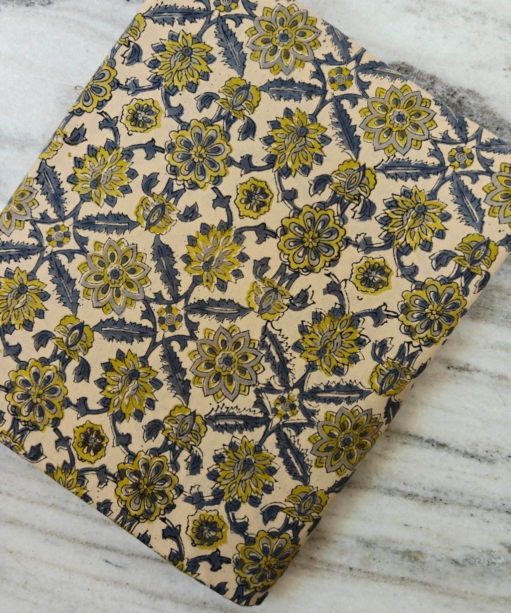 Mustard Yellow & Gray Floral Cotton Fabric, Hand Block Print Fabric by the Yard, Indian Botanical Fabric for Quilting, Sewing, Dressmaking