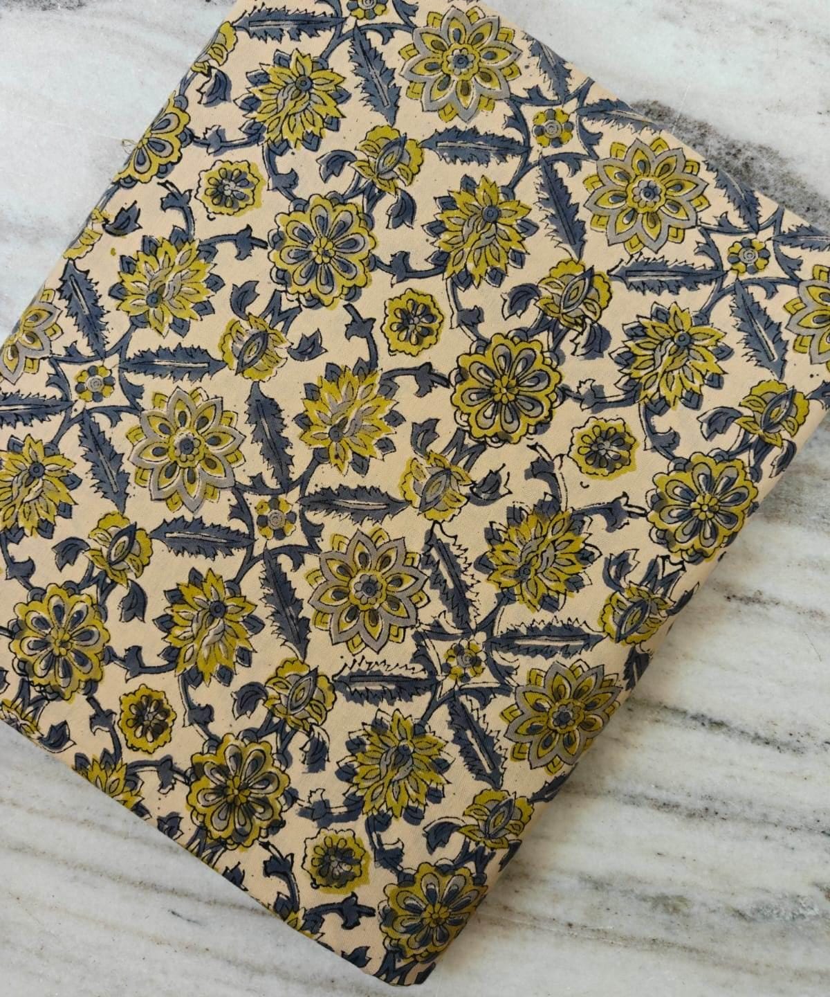 Mustard Yellow & Gray Floral Cotton Fabric, Hand Block Print Fabric by the Yard, Indian Botanical Fabric for Quilting, Sewing, Dressmaking