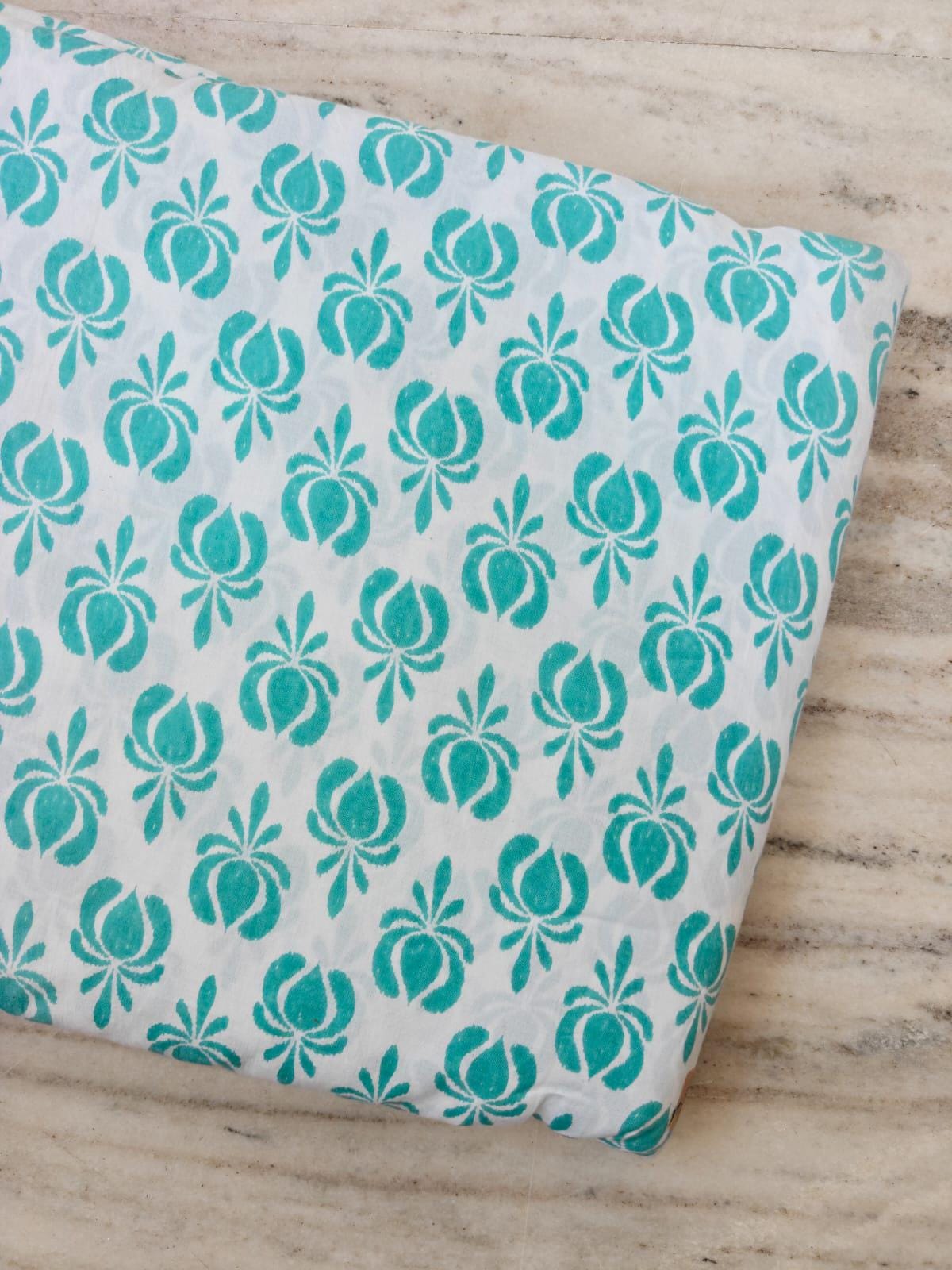 Turquoise Floral Cotton Fabric by the Yard, Hand Block Print Indian Cotton Fabric, Aqua Blue Botanical Fabric for Quilting Sewing, Napkins
