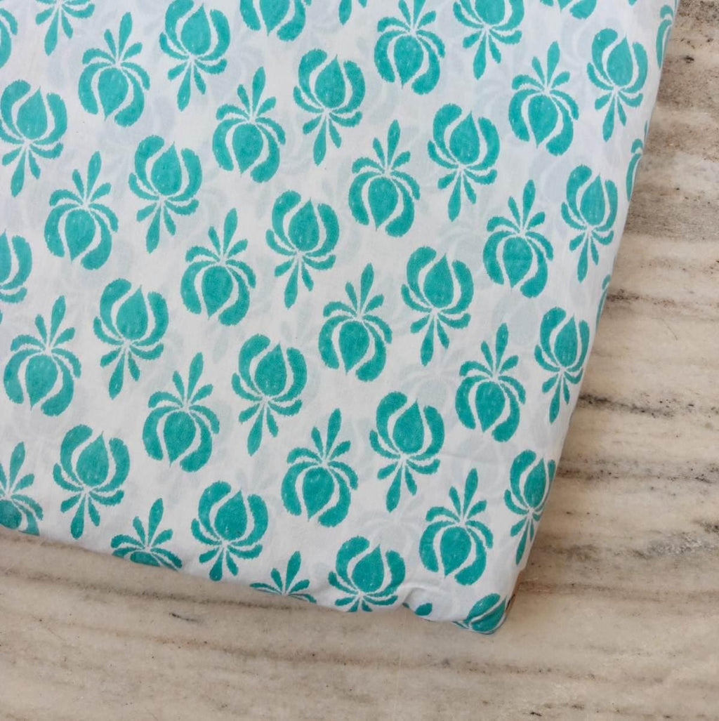 Turquoise Floral Cotton Fabric by the Yard, Hand Block Print Indian Cotton Fabric, Aqua Blue Botanical Fabric for Quilting Sewing, Napkins