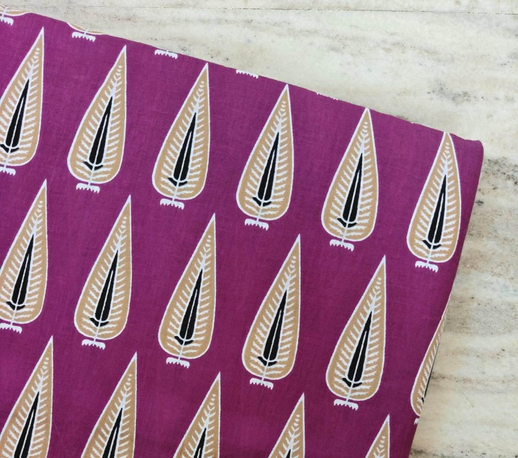 Plum Purple Leaf Cotton Fabric by the Yard, Hand Block Print Indian Cotton Fabric, Botanical Fabric for Quilting Sewing, Loose Fabric