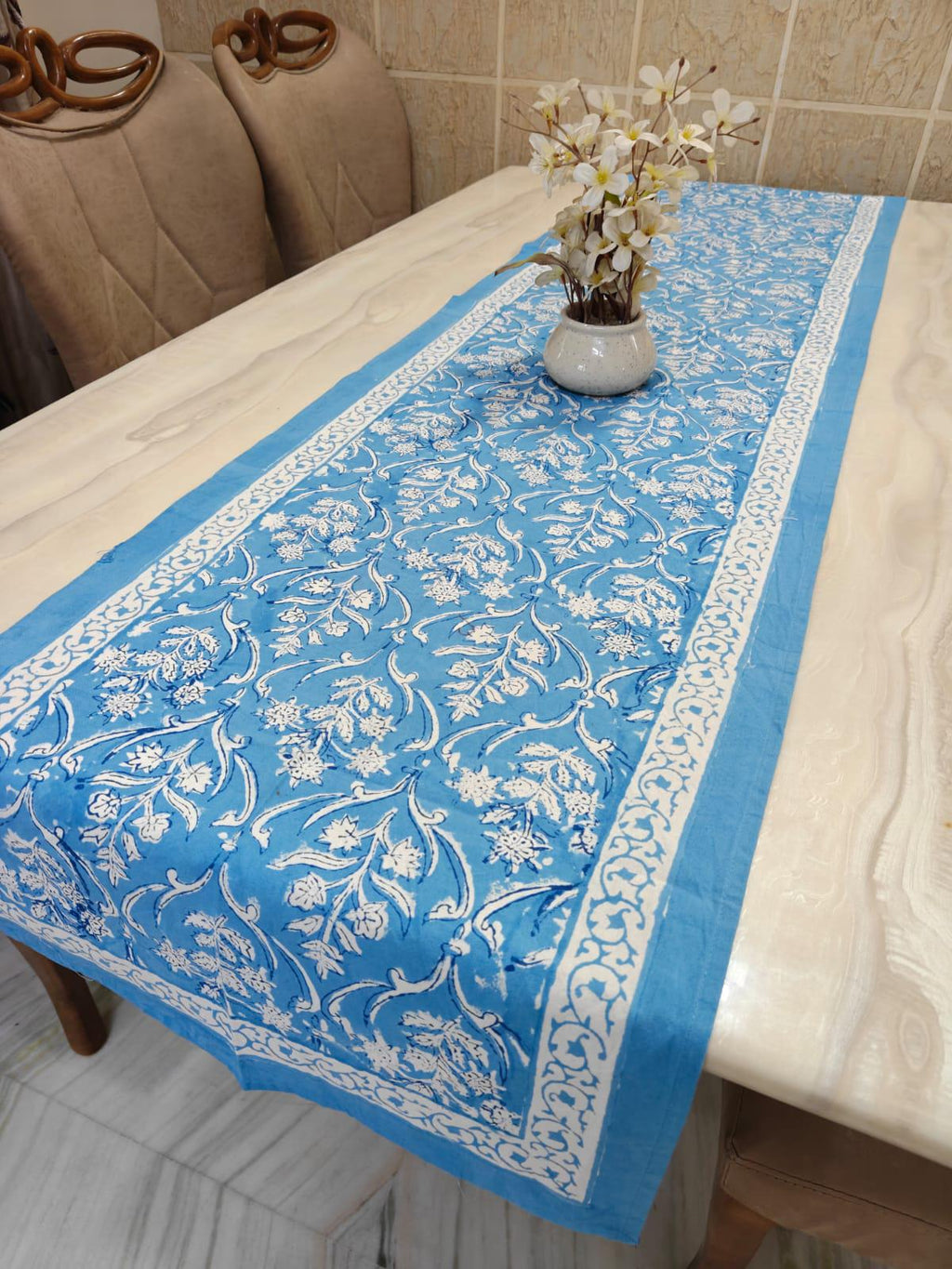 Hand Block Print Cotton Table Runner, Floral Farmhouse Table Runner, Indian Boho Table Decor, Blue Red Pink Dining Runner Gift, Christmas