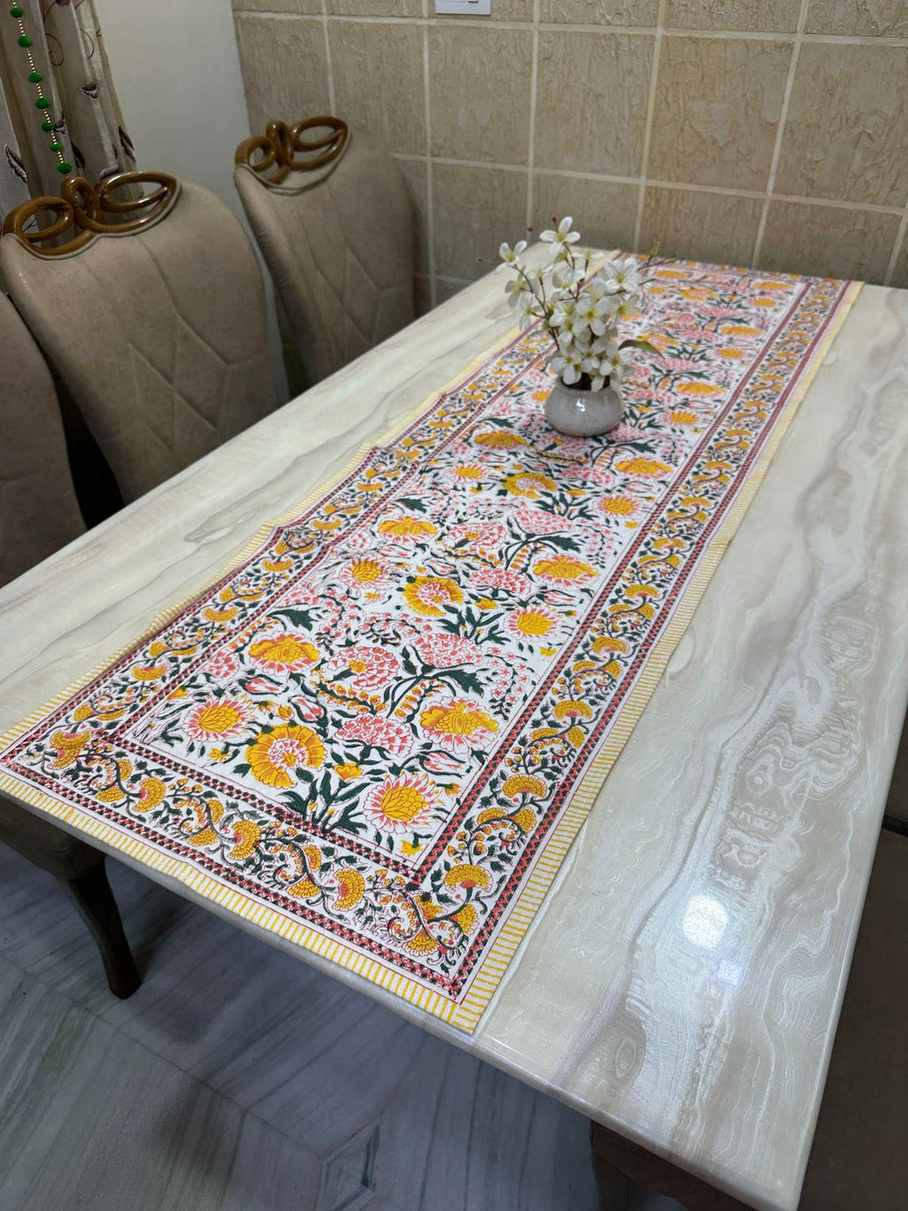 Hand Block Print Cotton Table Runner, Floral Farmhouse Table Runner, Indian Boho Table Decor, Blue Red Pink Dining Runner Gift, Christmas