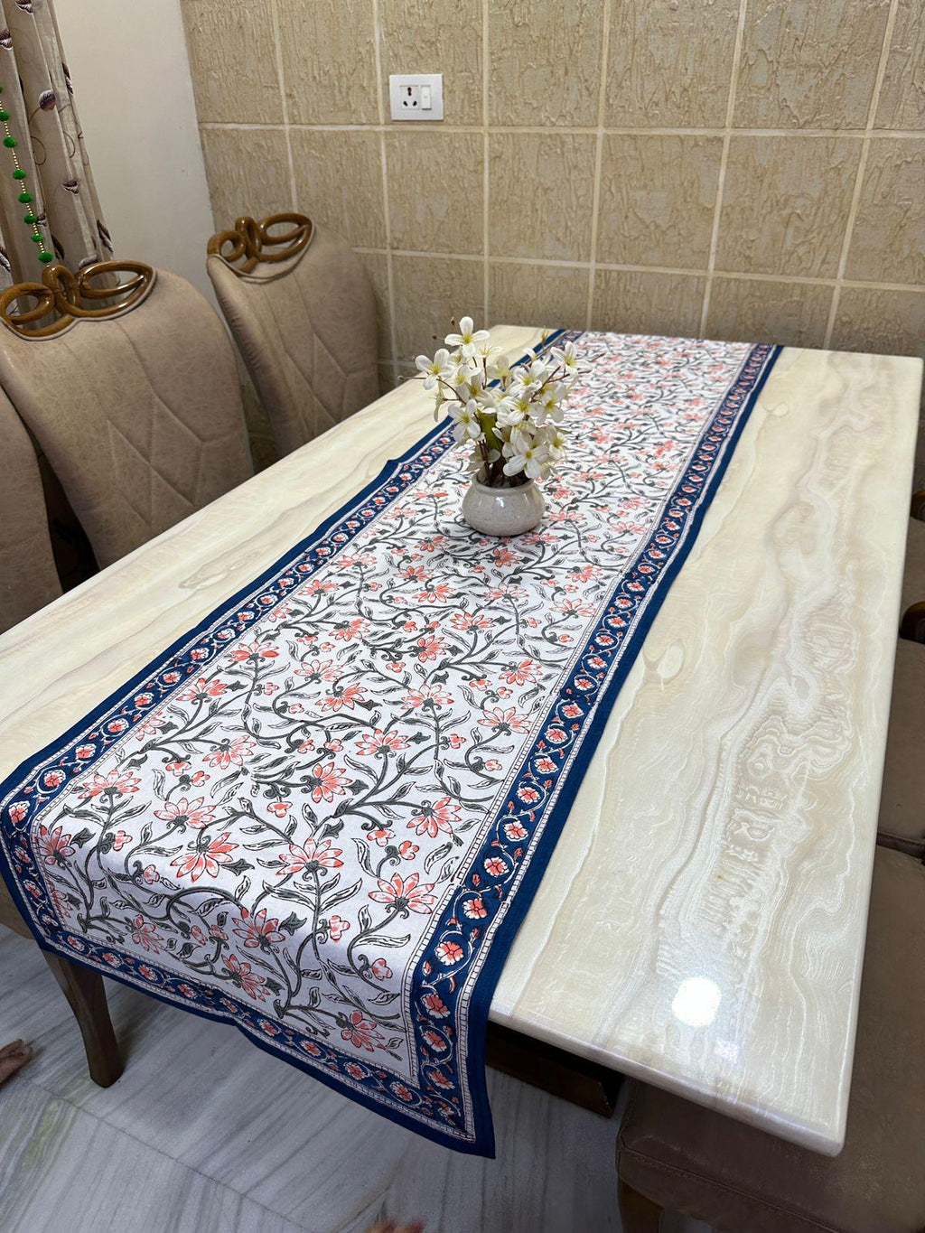Hand Block Print Cotton Table Runner, Floral Farmhouse Table Runner, Indian Boho Table Decor, Blue Red Pink Dining Runner Gift, Christmas