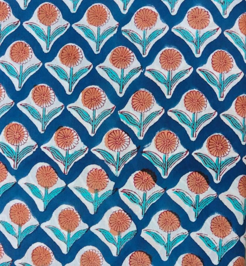 Blue Hand Block Print Cotton Fabric by Yard, Peach Floral Buta Indian Fabric, Soft Cotton Sewing Quilting Fabric, Dressmaking Craft