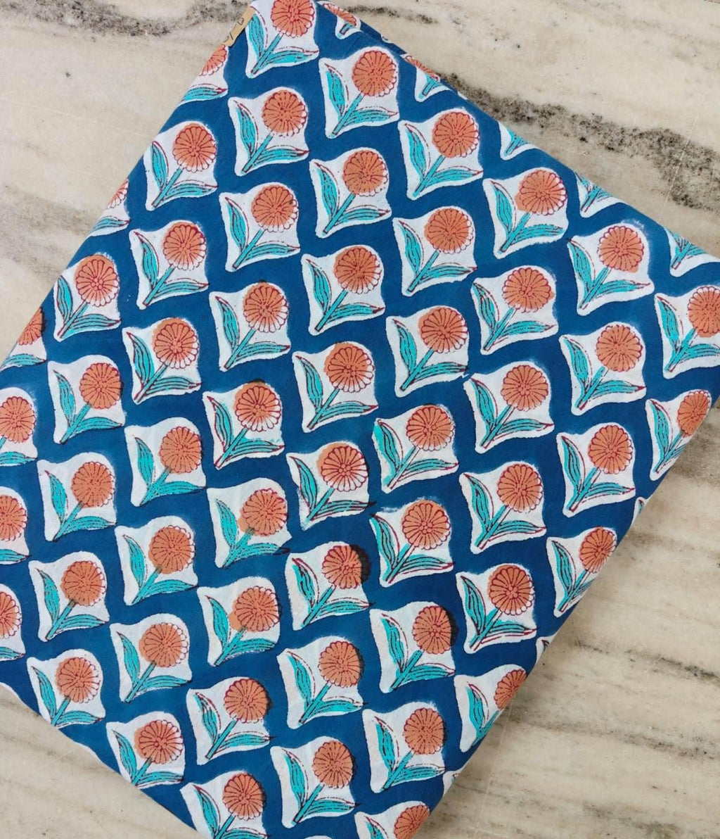 Blue Hand Block Print Cotton Fabric by Yard, Peach Floral Buta Indian Fabric, Soft Cotton Sewing Quilting Fabric, Dressmaking Craft