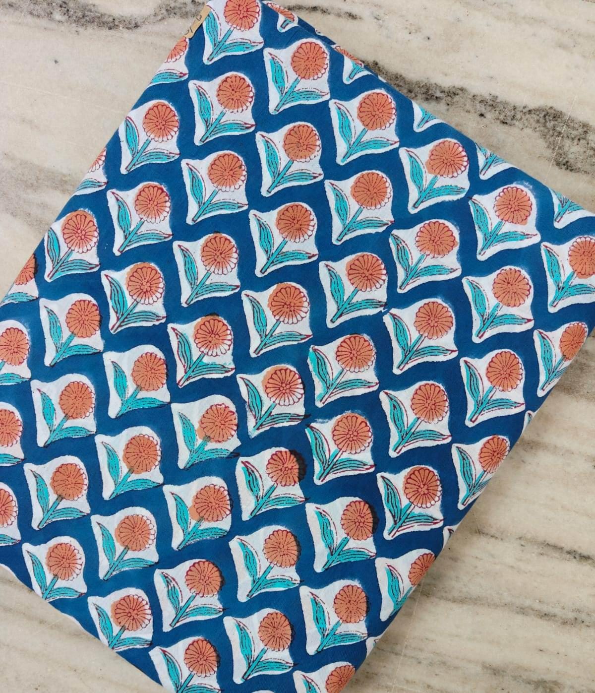 Blue Hand Block Print Cotton Fabric by Yard, Peach Floral Buta Indian Fabric, Soft Cotton Sewing Quilting Fabric, Dressmaking Craft