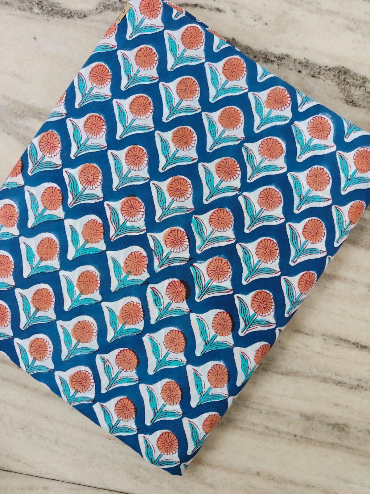 Blue Hand Block Print Cotton Fabric by Yard, Peach Floral Buta Indian Fabric, Soft Cotton Sewing Quilting Fabric, Dressmaking Craft