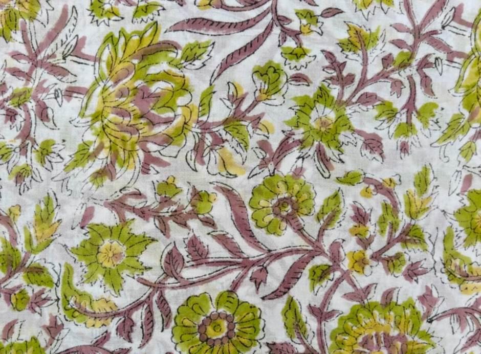 Hand Block Print Cotton Fabric by Yard, White Green Floral Indian Fabric, Botanical Cotton Sewing Fabric, Quilting Dressmaking Fabric