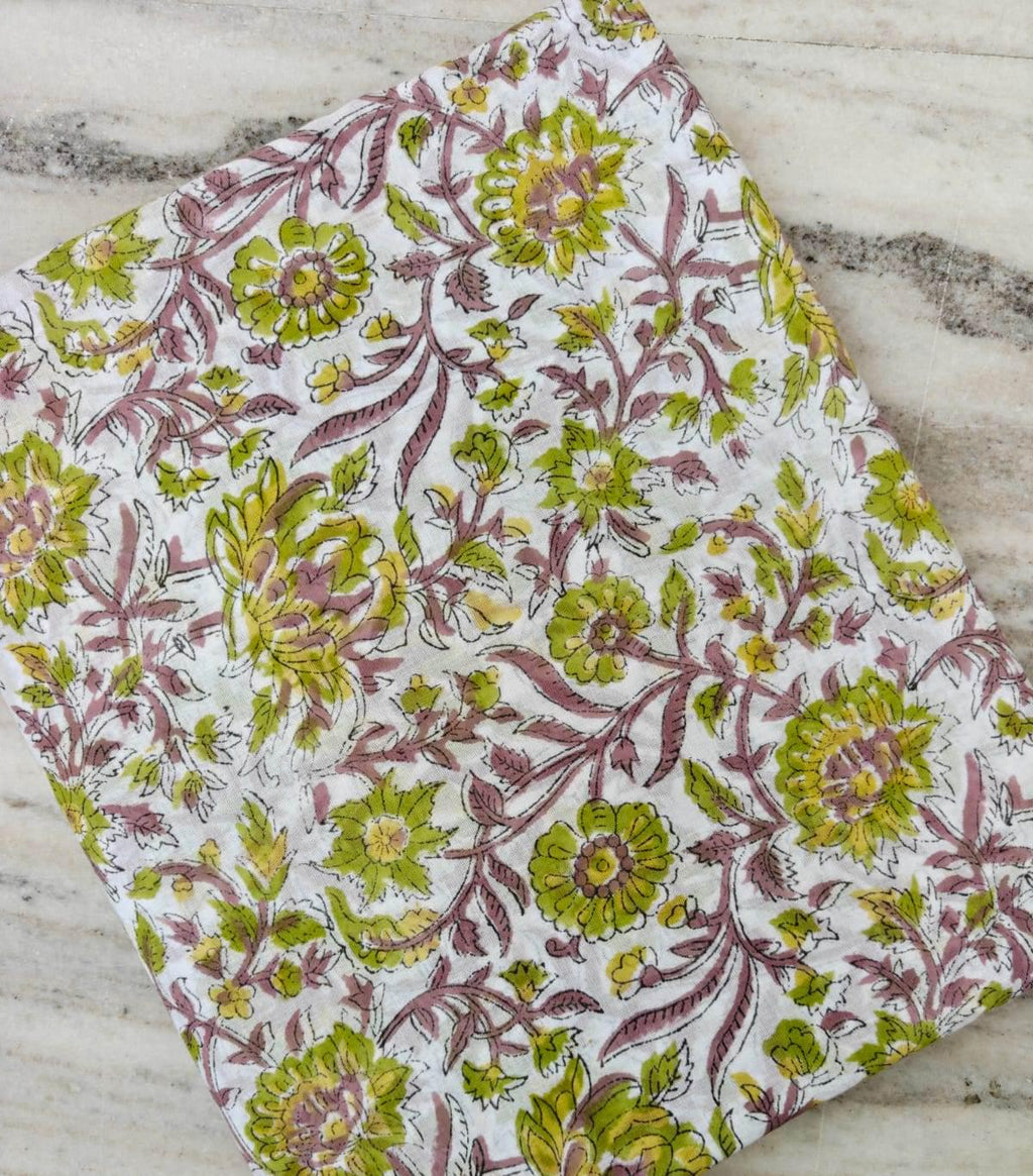 Hand Block Print Cotton Fabric by Yard, White Green Floral Indian Fabric, Botanical Cotton Sewing Fabric, Quilting Dressmaking Fabric