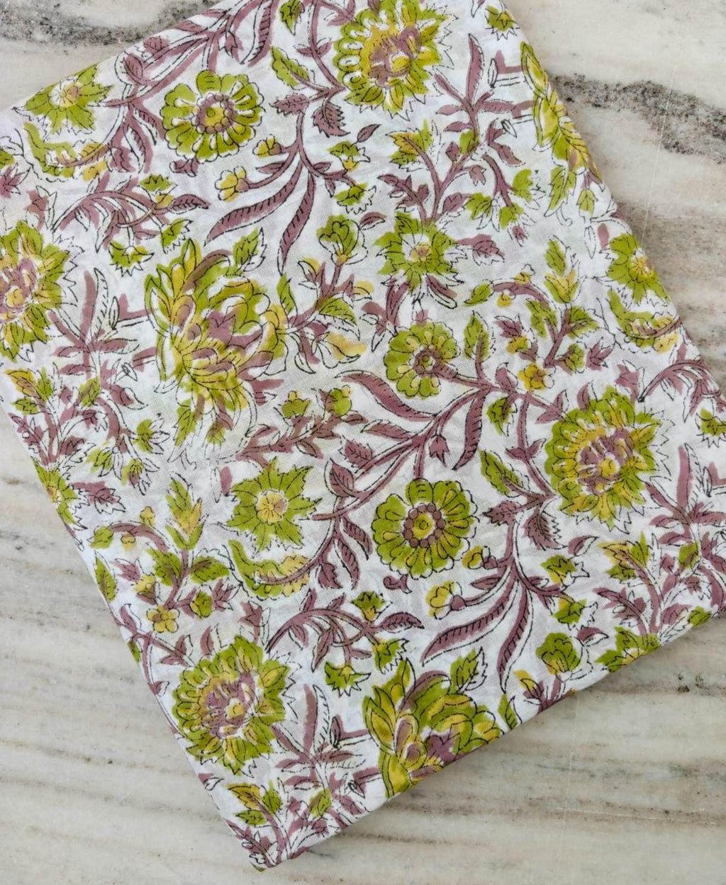 Hand Block Print Cotton Fabric by Yard, White Green Floral Indian Fabric, Botanical Cotton Sewing Fabric, Quilting Dressmaking Fabric