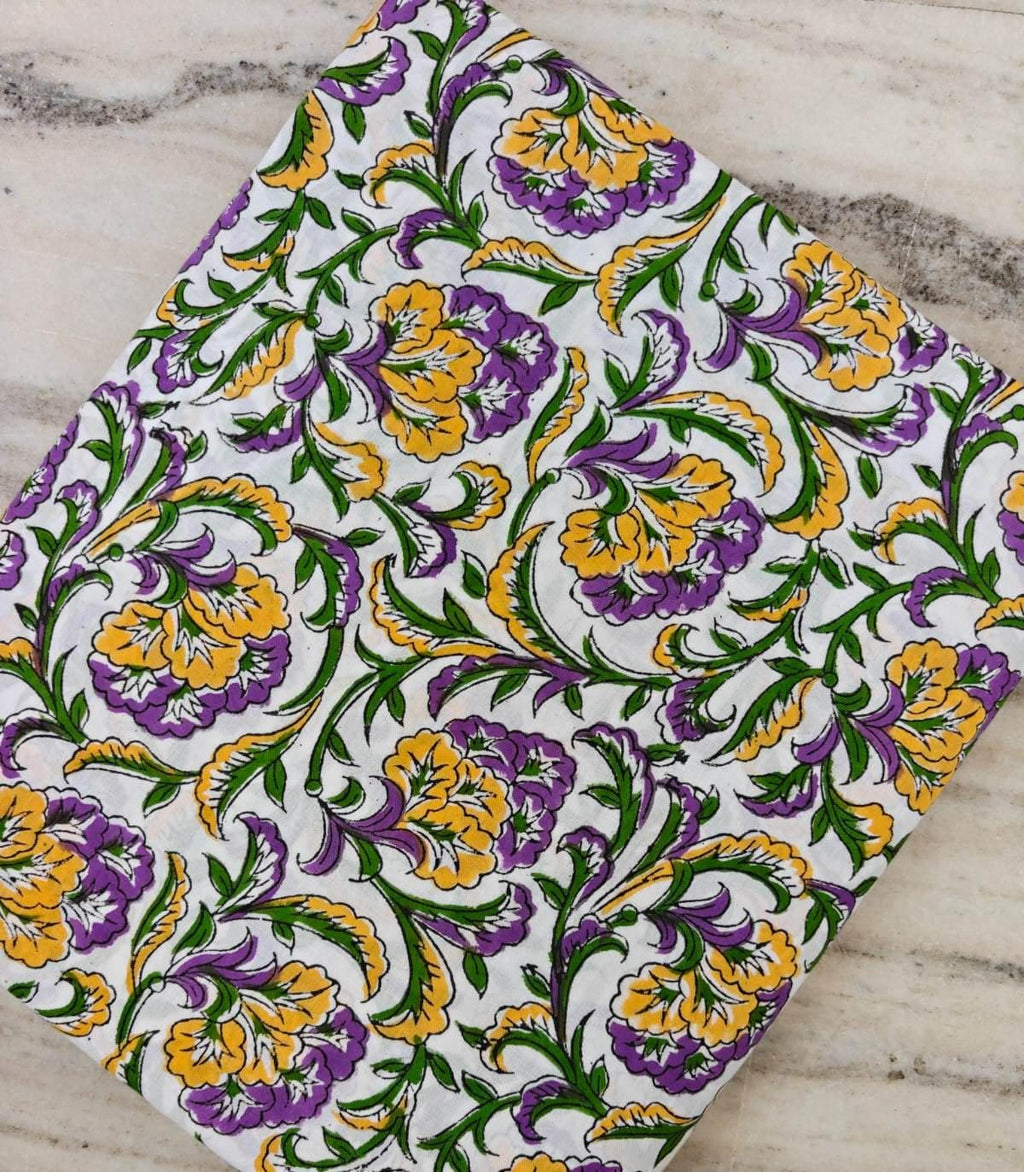 Cotton Floral Fabric by the Yard, Hand Block Print Style Cotton Fabric, Yellow Purple Floral Print, Quilting Fabric, Dressmaking, Home Decor