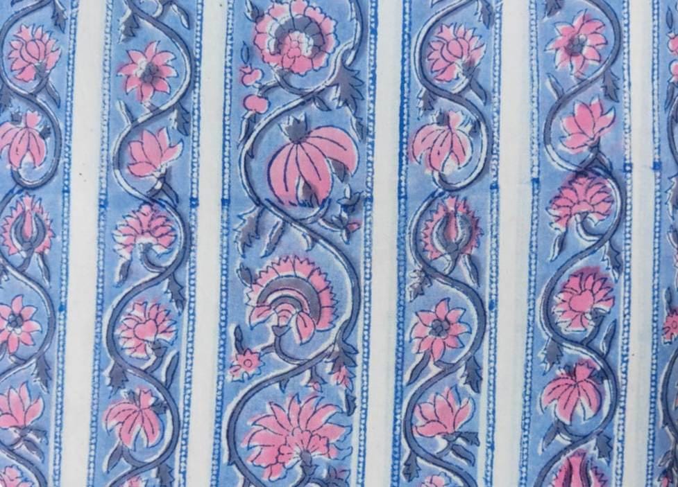 Blue Pink Floral Cotton Fabric by the Yard, Hand Block Print Style Stripe Fabric, Indian Cotton Fabric for Quilting, Sewing & Dressmaking