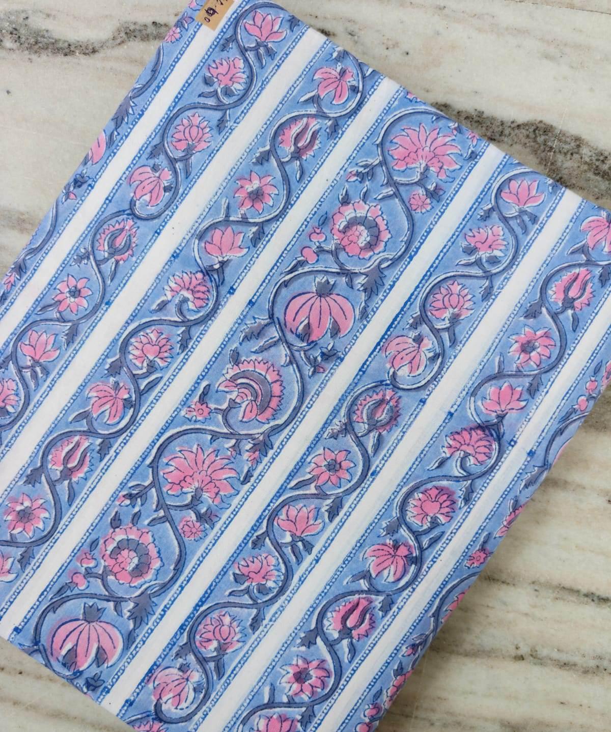 Blue Pink Floral Cotton Fabric by the Yard, Hand Block Print Style Stripe Fabric, Indian Cotton Fabric for Quilting, Sewing & Dressmaking