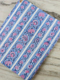 Blue Pink Floral Cotton Fabric by the Yard, Hand Block Print Style Stripe Fabric, Indian Cotton Fabric for Quilting, Sewing & Dressmaking