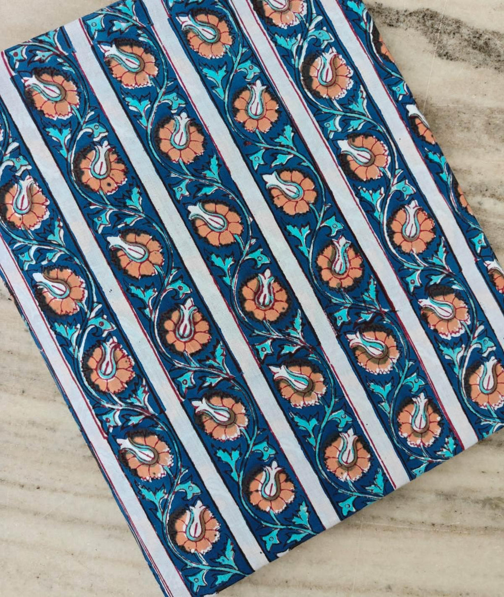 Blue Floral Stripe Cotton Fabric by the Yard, Hand Block Print Style Cotton Fabric, Indian Botanical Fabric, Quilting, Sewing & Home Decor