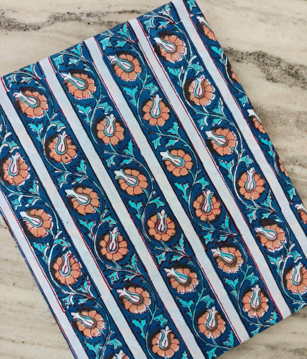 Blue Floral Stripe Cotton Fabric by the Yard, Hand Block Print Style Cotton Fabric, Indian Botanical Fabric, Quilting, Sewing & Home Decor