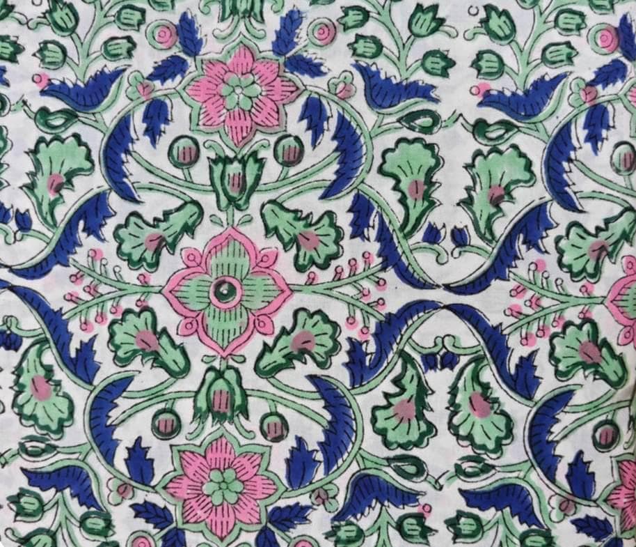 Hand Block Print Cotton Fabric by the Yard, Floral Indian Cotton Fabric, Blue Green Pink  Soft Cotton Quilting Sewing Dressmaking Fabric