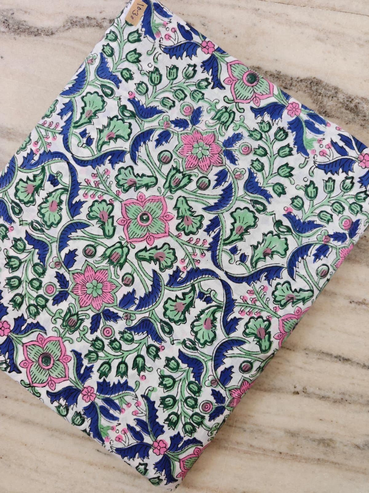 Hand Block Print Cotton Fabric by the Yard, Floral Indian Cotton Fabric, Blue Green Pink  Soft Cotton Quilting Sewing Dressmaking Fabric