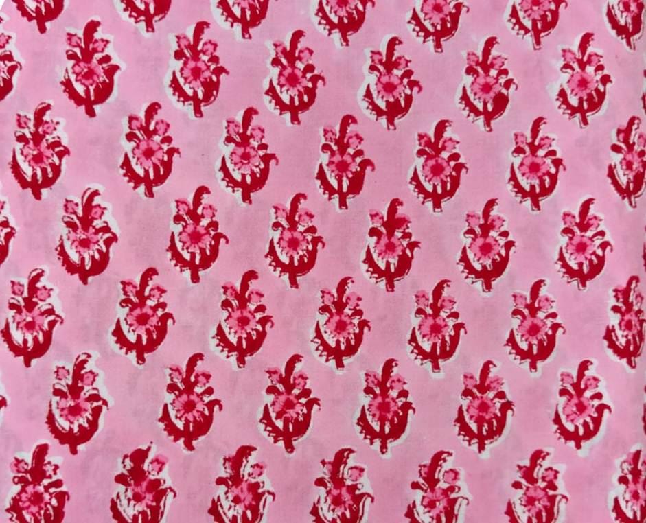 Pink Floral Block Print Cotton Fabric by the Yard, Hand Block Print Fabric, Indian Cotton Fabric, Dressmaking Fabric, Quilting Cotton Fabric