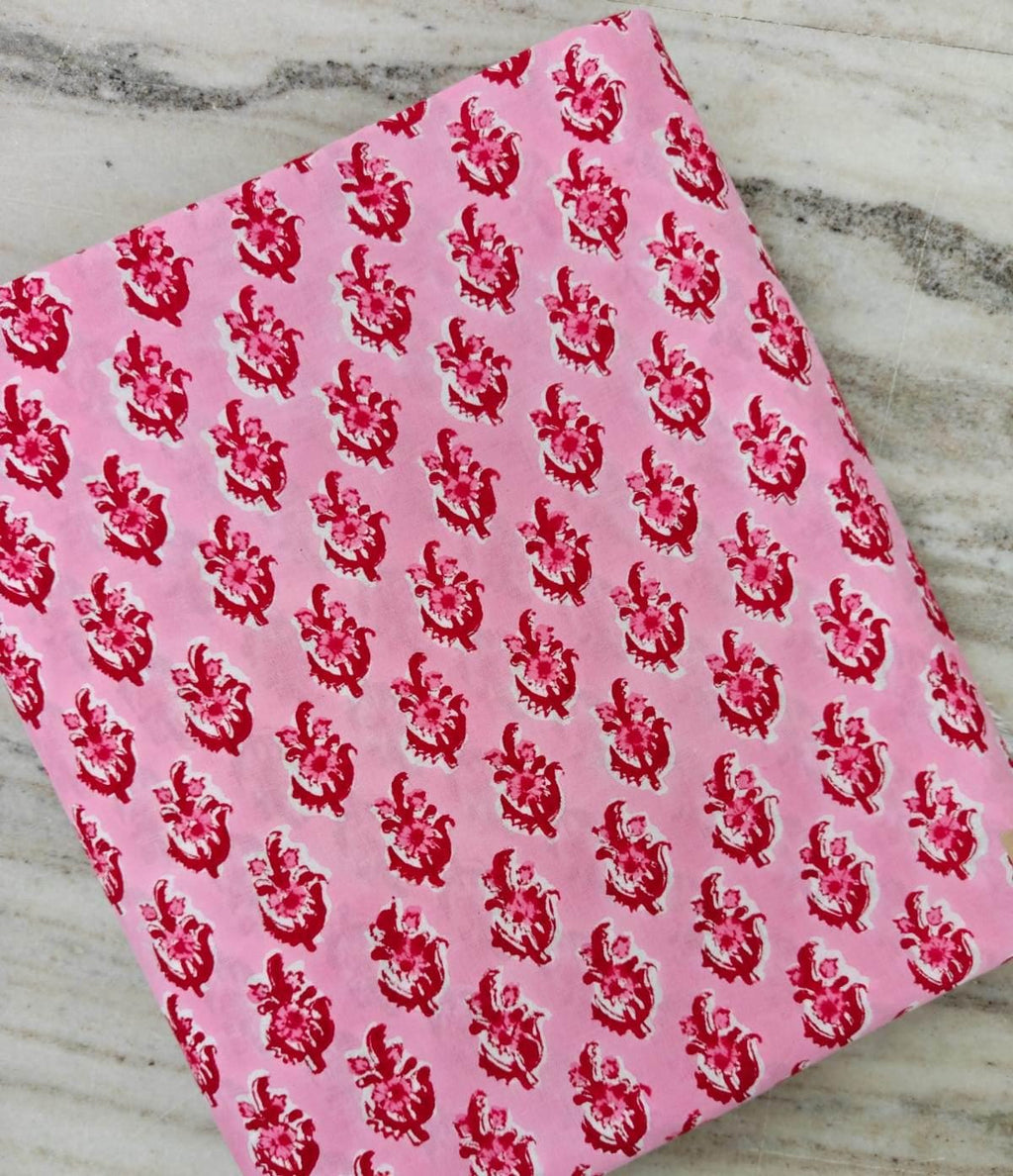 Pink Floral Block Print Cotton Fabric by the Yard, Hand Block Print Fabric, Indian Cotton Fabric, Dressmaking Fabric, Quilting Cotton Fabric