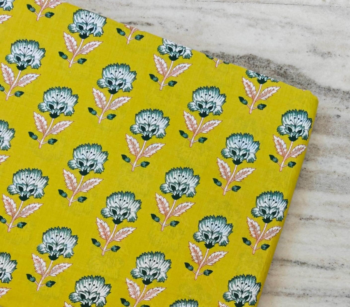 Yellow Floral Cotton Fabric by Yard, Indian Hand Block Print Fabric, Soft Quilting Fabric, Sewing Fabric Dress Fabric, Craft Textile Fabric